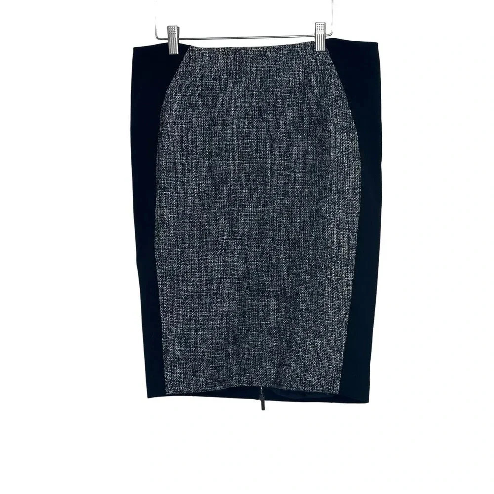 Elie Tahari Pencil Skirt 12 Black Gray Tweed Wool Blend Full Back Zip Career